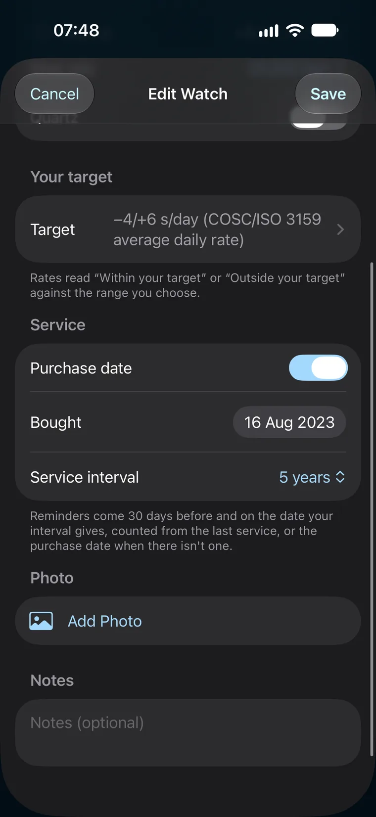 Editing Harrow Field 38: bought 16 Aug 2023, service interval 5 years; reminders come 30 days before and on the date your interval gives