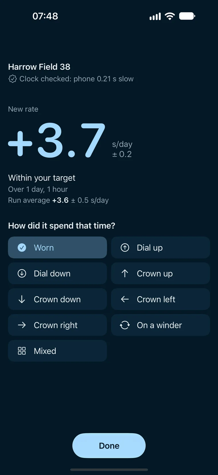 A new rate for Harrow Field 38: plus 3.7 seconds a day, plus or minus 0.2, within your target, over 1 day, 1 hour