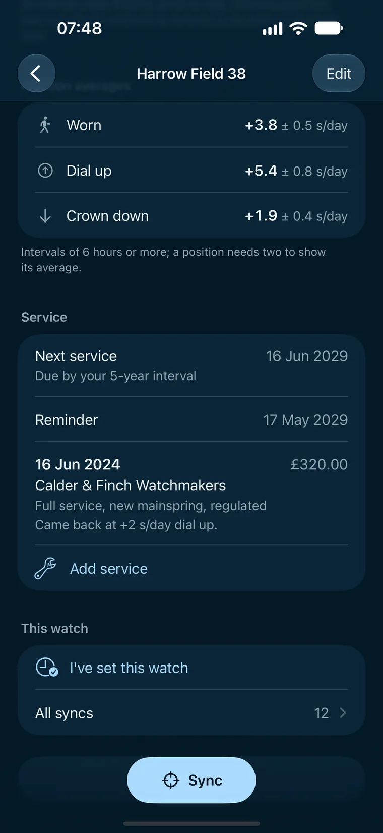 Harrow Field 38's service section: serviced 16 Jun 2024 by Calder & Finch Watchmakers, £320.00, full service, new mainspring, regulated; next service 16 Jun 2029, due by your 5-year interval; reminder 17 May 2029