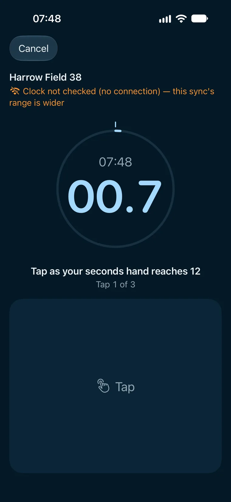 A sync with no connection: Clock not checked (no connection), this sync's range is wider