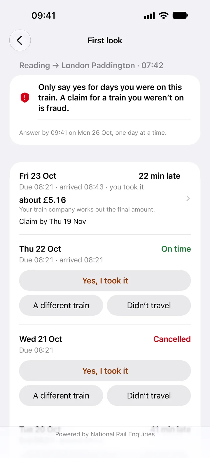 The first look of a newly saved 07:42 Reading to London Paddington: the most recent day 22 minutes late, answered Yes, about £5.16; the day before on time; the one before that cancelled.