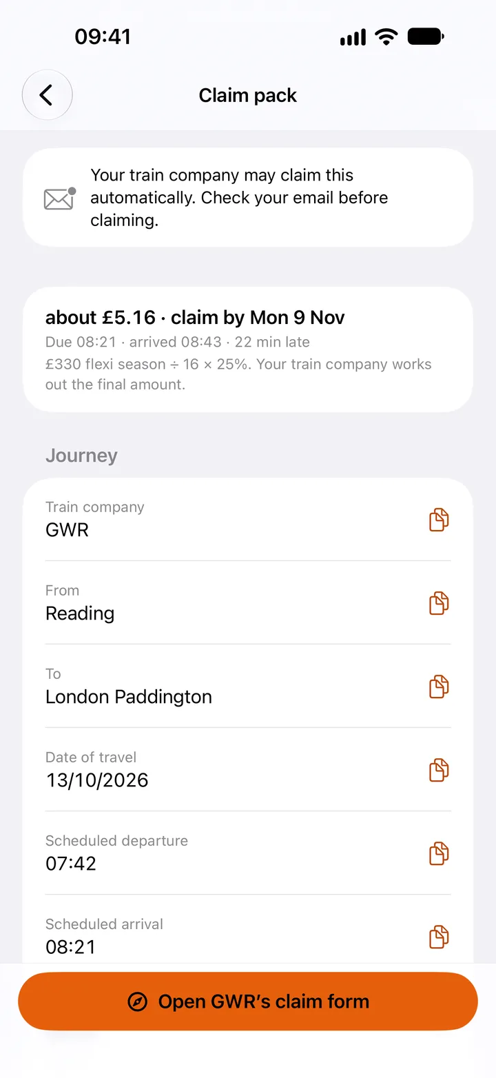 The claim pack for Tuesday 13 October: about £5.16, claim by Monday 9 November, then each field with a copy button: train company GWR, from Reading, to London Paddington, date of travel 13/10/2026, scheduled departure 07:42, scheduled arrival 08:21; Open GWR’s claim form.
