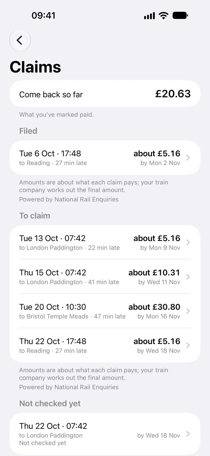 Claims: come back so far £20.63, what you’ve marked paid; one claim filed, four to claim, each with its amount and claim-by date, and one not checked yet.