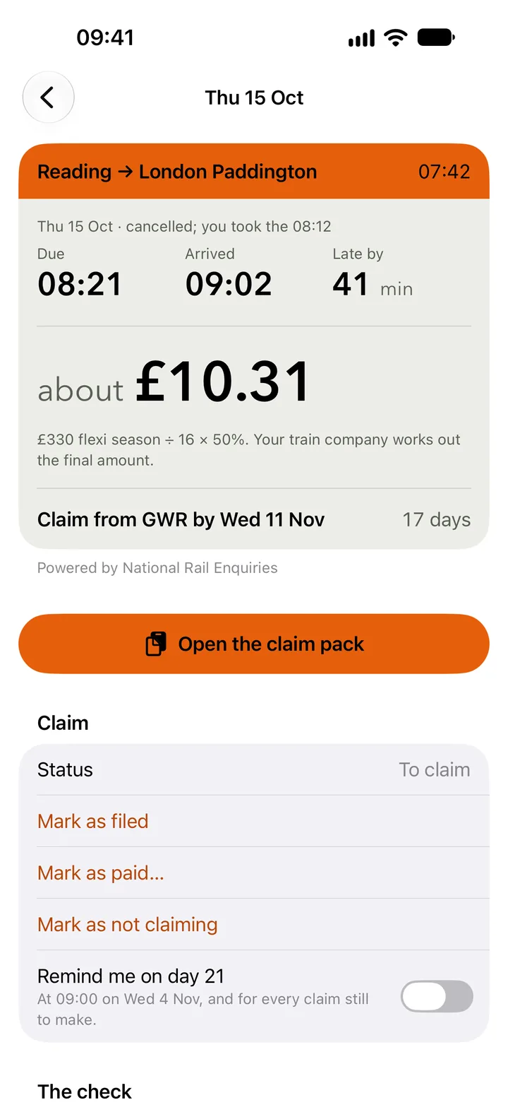 Thursday 15 October: the 07:42 cancelled and the 08:12 taken, due 08:21, arrived 09:02, 41 minutes late, about £10.31, claim from GWR by Wednesday 11 November.
