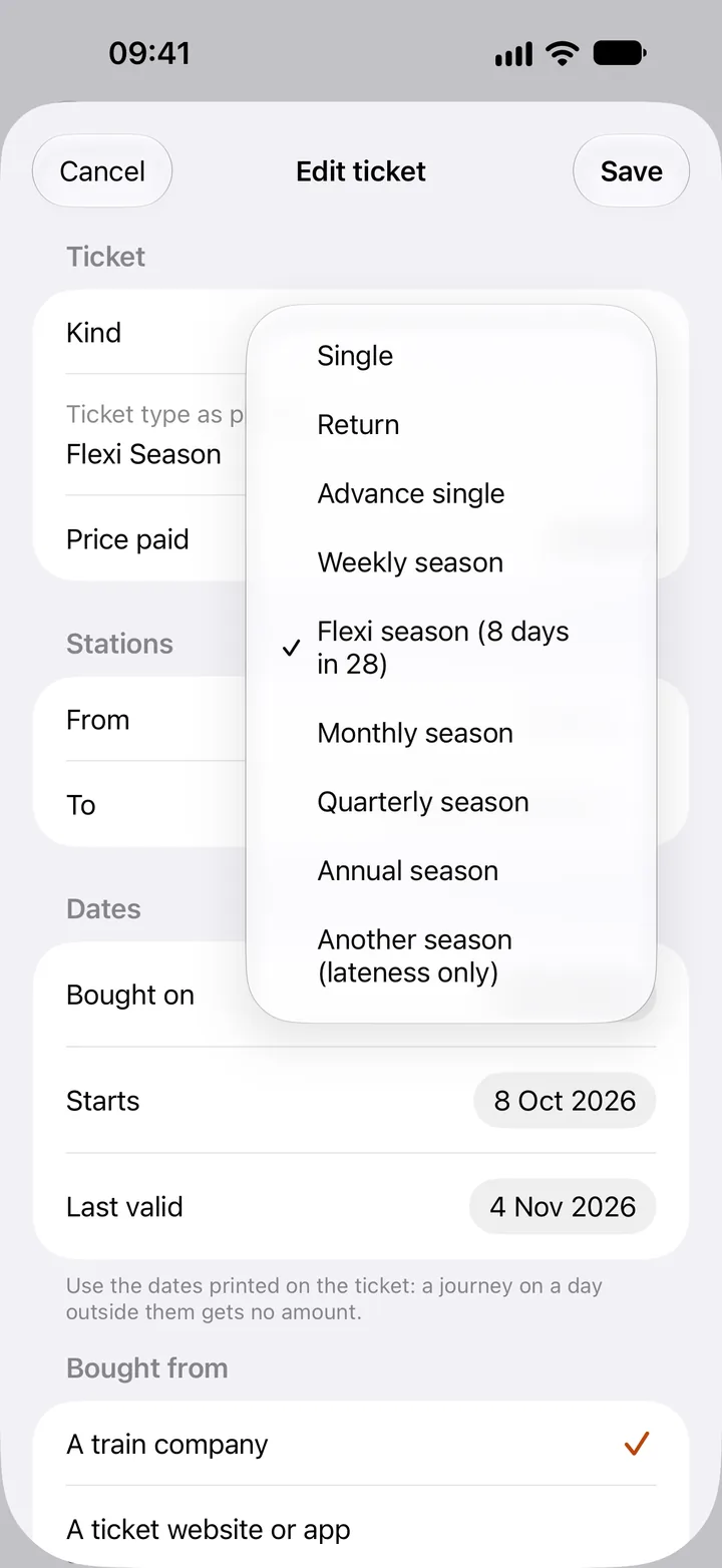 The ticket editor in Delaywise, choosing the kind of ticket: single, return, Advance single, weekly, flexi, monthly, quarterly or annual season, or another season.
