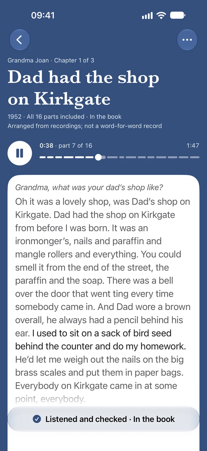 Grandma Joan’s chapter Dad had the shop on Kirkgate in Hearthtold, playing from part 7 of 16, her words on a white page.