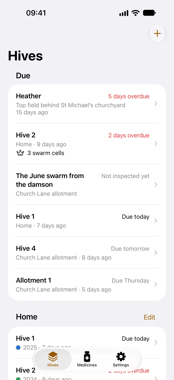 The Hives list: Heather 5 days overdue, Hive 2 2 days overdue, The June swarm not inspected yet, Hive 1 due today, Hive 4 due tomorrow, Allotment 1 due Thursday