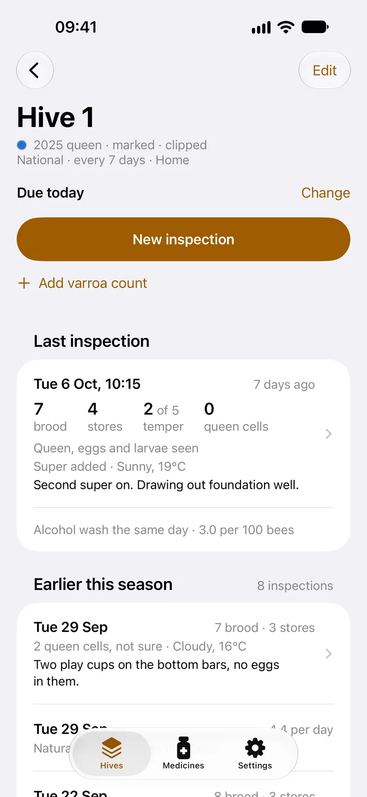 Hive 1's screen: due today, with its last inspection of Tuesday 6 October