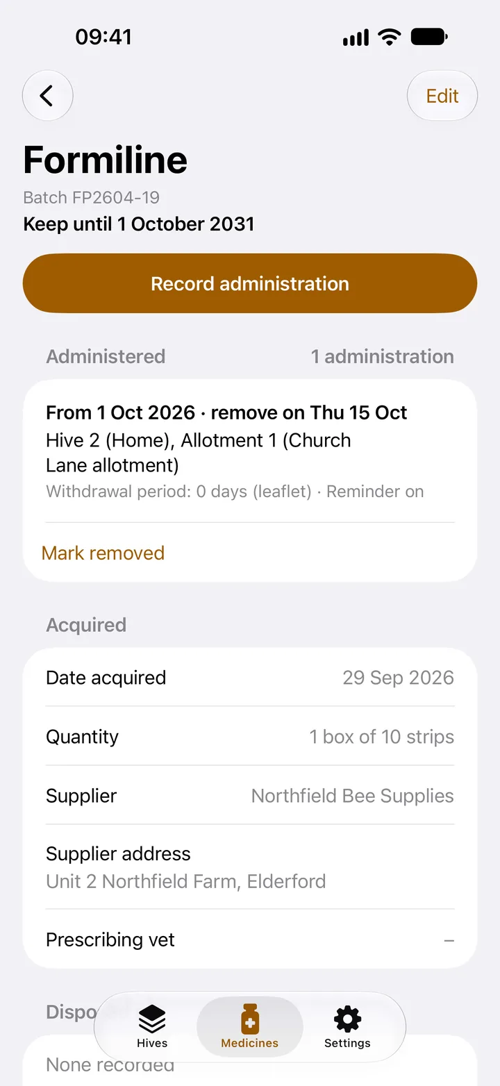The Formiline batch: keep until 1 October 2031, administered from 1 October to Hive 2 and Allotment 1, acquired 29 September from Northfield Bee Supplies
