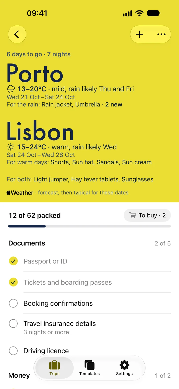 The Porto and Lisbon trip: a lemon travel poster with each stop’s weather, then the list, 12 of 52 packed.