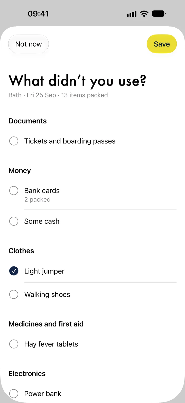 What didn’t you use? after the Bath trip, with things to switch on under Documents, Money, Clothes and more.