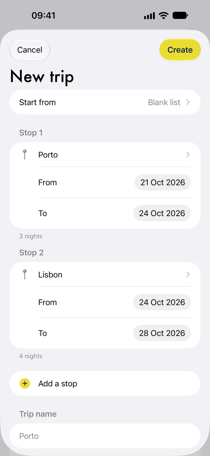 New trip: Stop 1, Porto, 21 to 24 October; Stop 2, Lisbon, 24 to 28 October; and Add a stop.