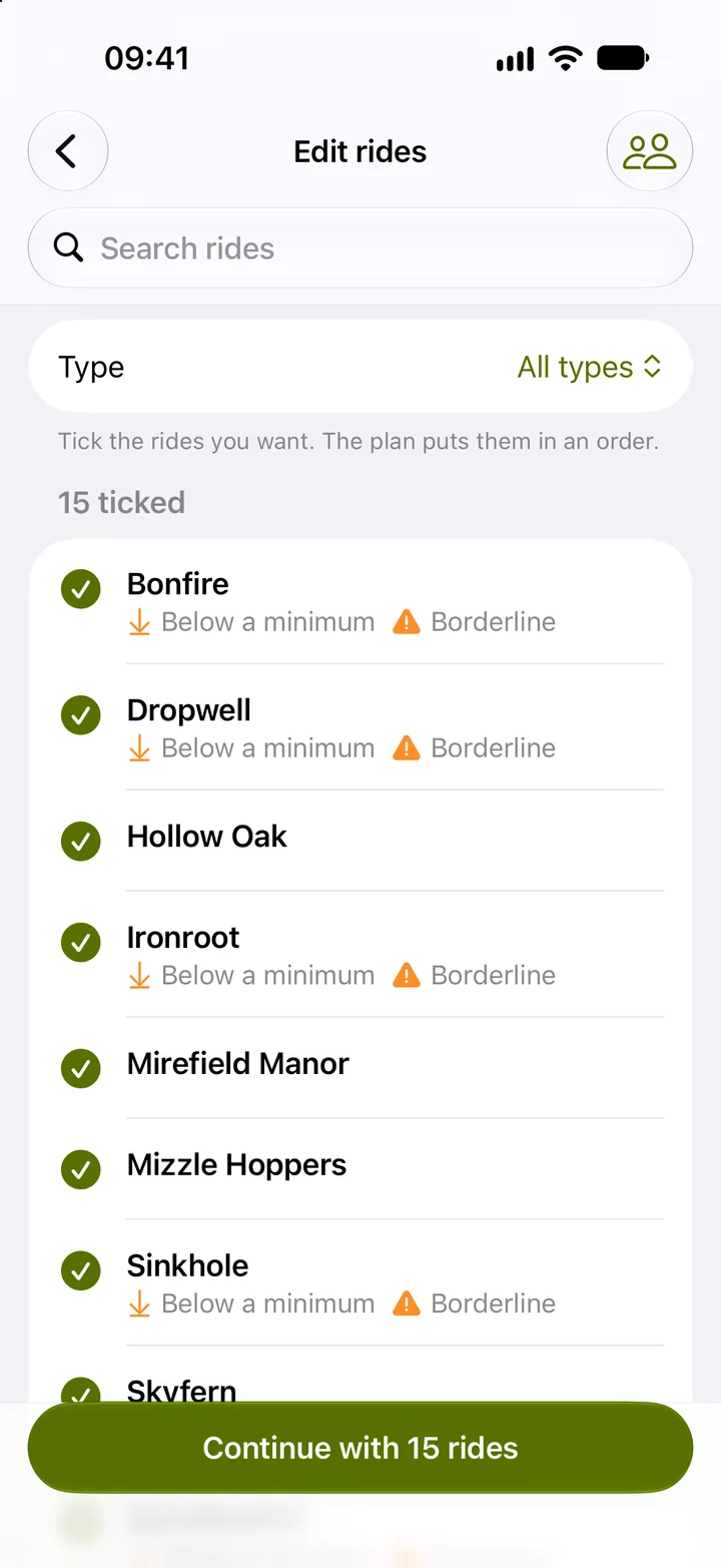 The ride list for that day with all 15 rides ticked, each flagged where a child is below a minimum or borderline.