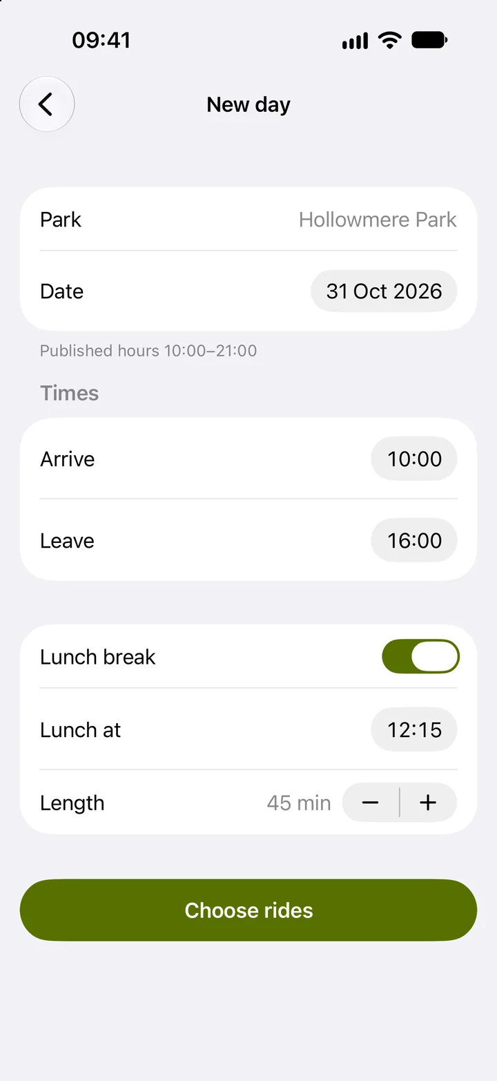 New day at Hollowmere Park for 31 October 2026: arrive 10:00, leave 16:00, a 45 minute lunch break at 12:15.