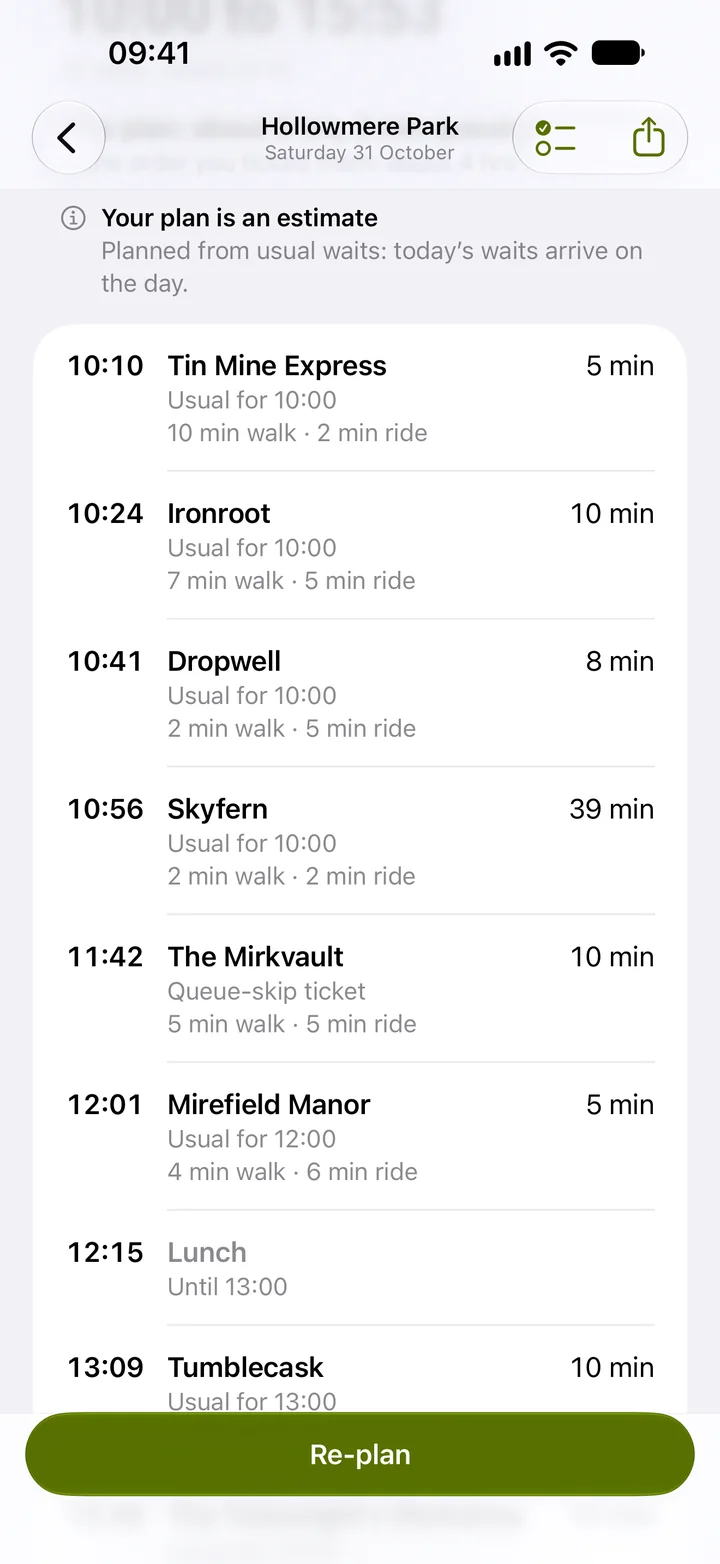 The plan for Saturday 31 October: 10:10 Tin Mine Express, 10:24 Ironroot, 10:41 Dropwell, 10:56 Skyfern, 11:42 The Mirkvault with a queue-skip ticket, 12:01 Mirefield Manor, lunch at 12:15.