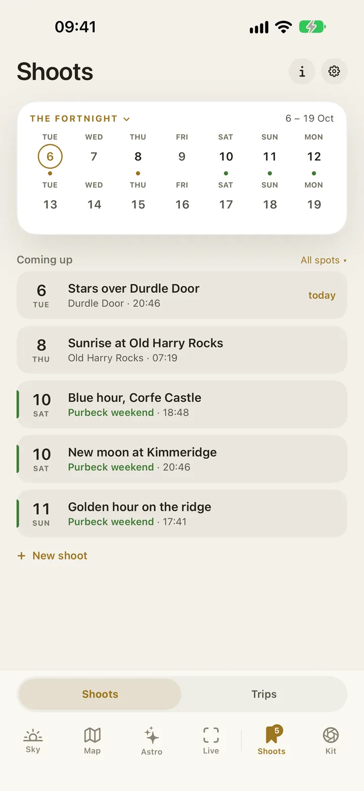 The Shoots tab: the fortnight from 6 to 19 October, and five shoots coming up, three of them on the Purbeck weekend trip.