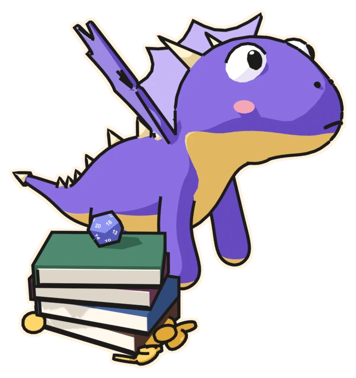 The dragon standing guard over a pile of notebooks and gold coins, a d20 on top.