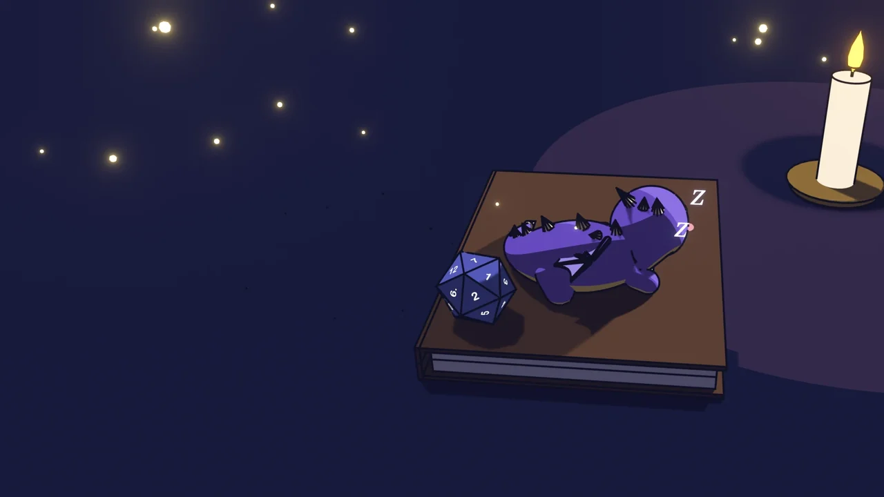 A drawing of a Game Master's table at night: a small purple dragon asleep on a notebook called The Ashen Coast, a d20 beside it, a candle burning.