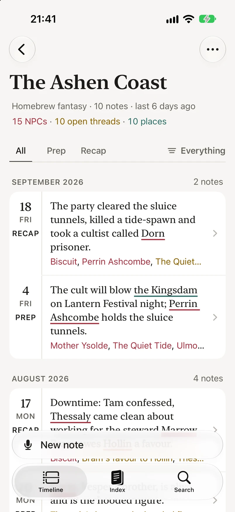 The timeline of a campaign called The Ashen Coast: dated notes, each summary in the GM's words with its names underlined in red, gold or green.